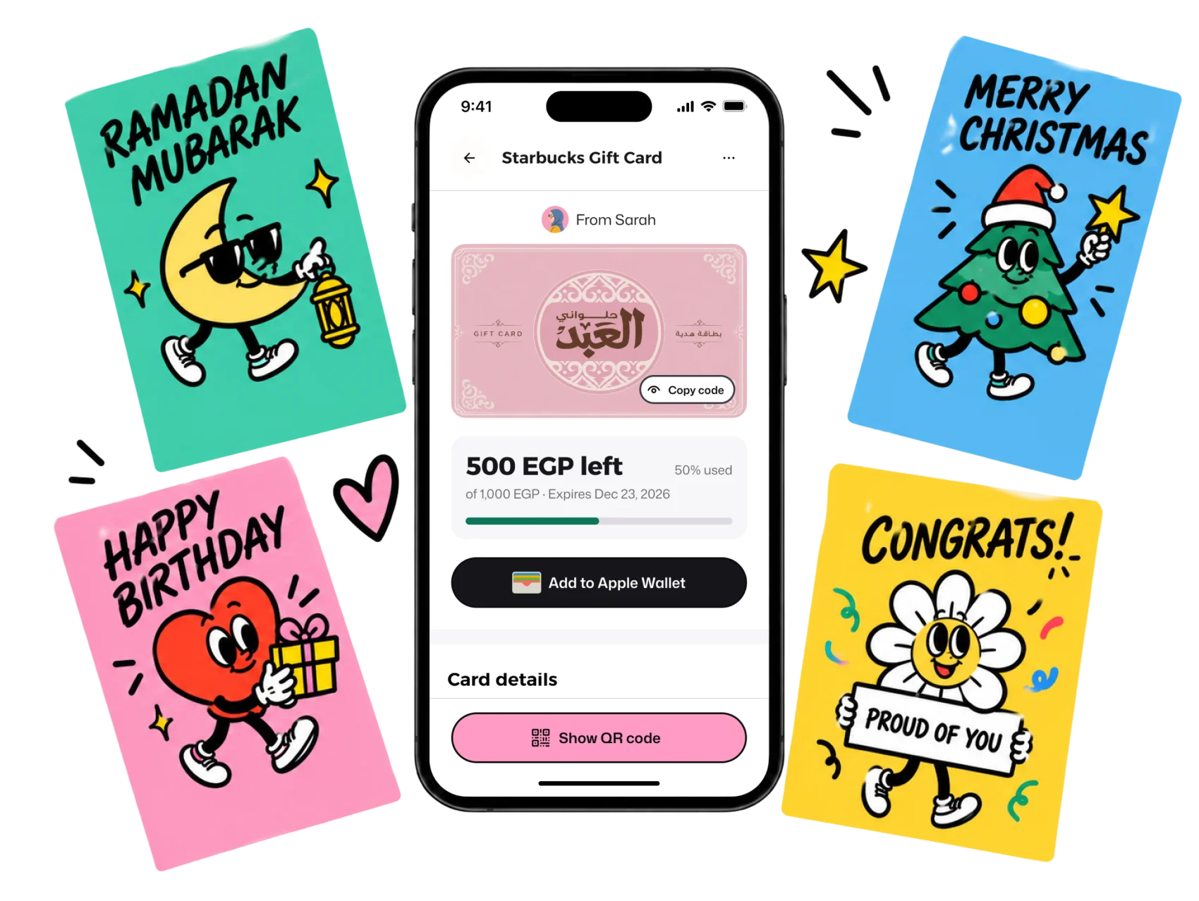Phone showing a Giftit gift card, surrounded by Ramadan, birthday, Christmas and congrats cards